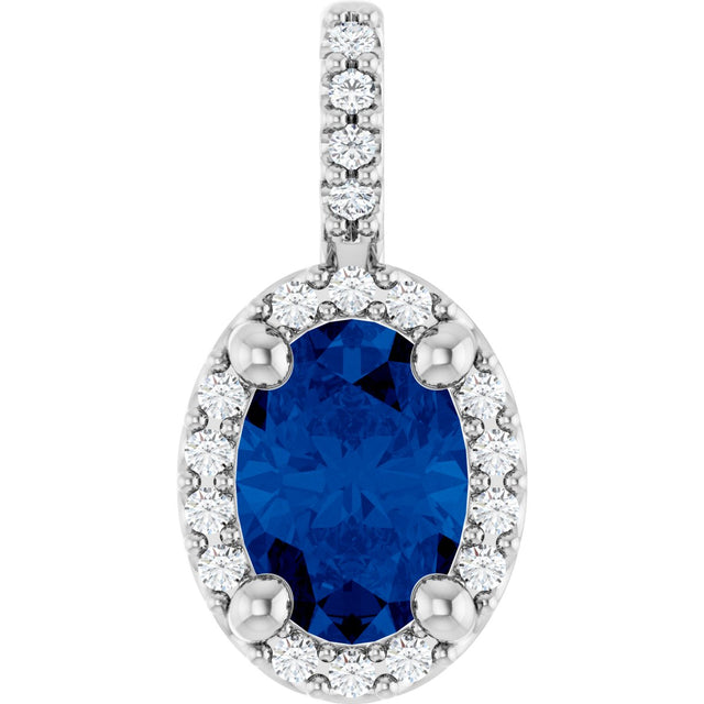 Platinum Oval Lab-Grown Blue Sapphire & Natural Diamond Halo-Style Pendant – 5x3mm