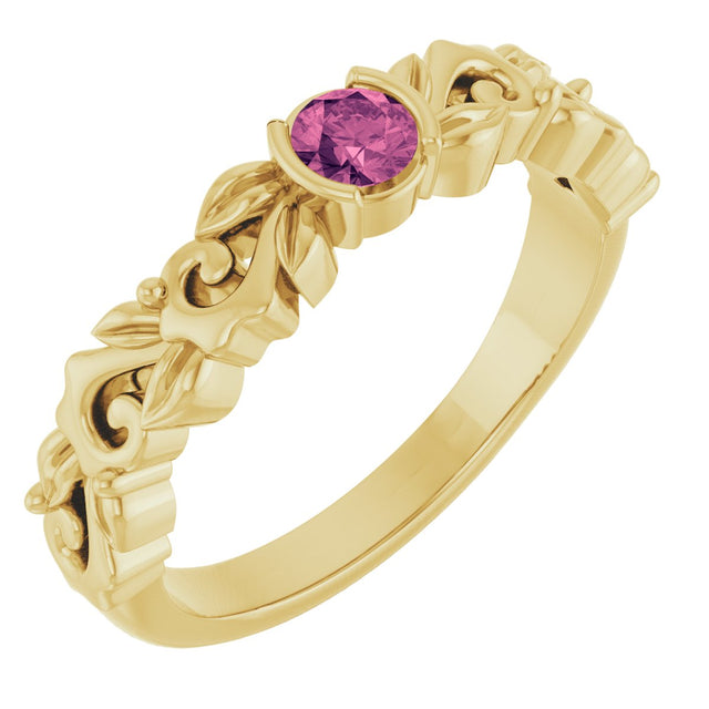 14K Gold Round Natural Pink Tourmaline Half Bezel Floral Ring - Yellow Gold