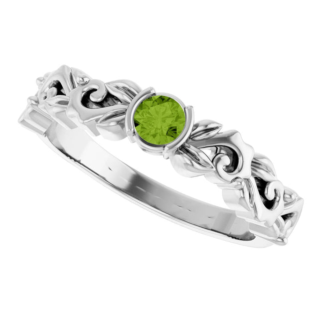 Platinum Round Natural Peridot Half Bezel Floral Ring
