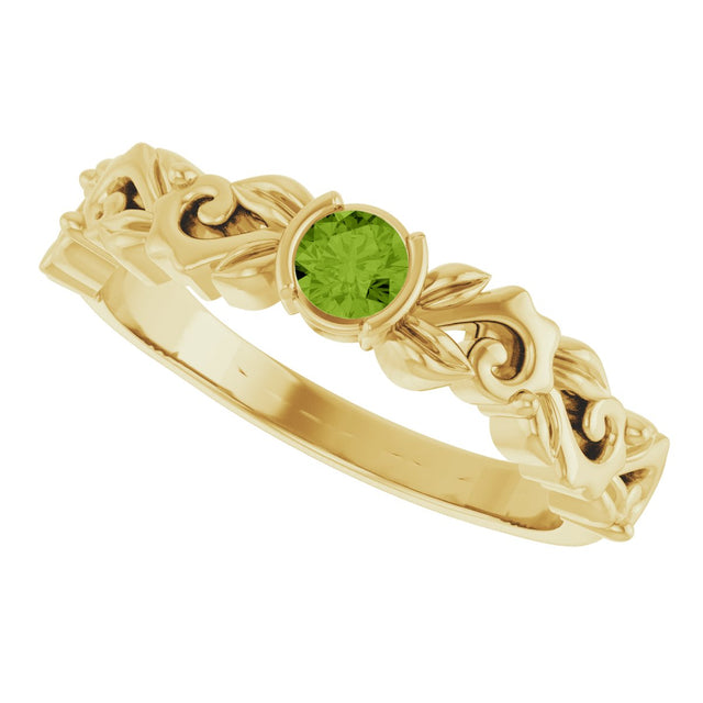 14K Gold Round Natural Peridot Half Bezel Floral Ring - Yellow Gold