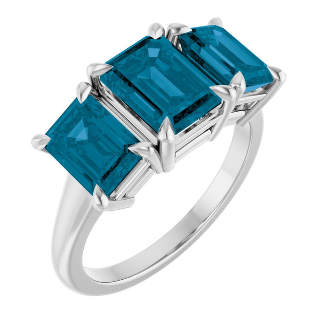 14K Gold Emerald Natural London Blue Topaz Claw-Prong Three-Stone Ring - White Gold