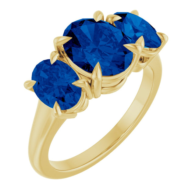 14K Gold Oval Lab-Grown Blue Sapphire Claw-Prong Three-Stone Ring - Yellow Gold
