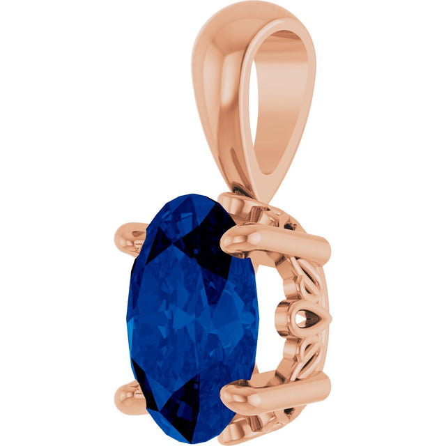 14K Gold Lab-Grown Blue Sapphire Oval 4-Prong Solitaire Necklace or Pendant - Rose Gold - view 2