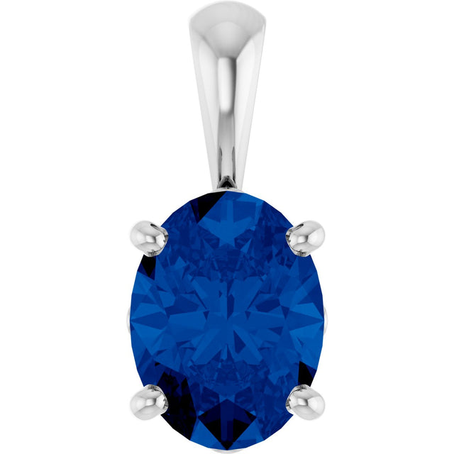 14K Gold Lab-Grown Blue Sapphire Oval 4-Prong Solitaire Necklace or Pendant - White Gold