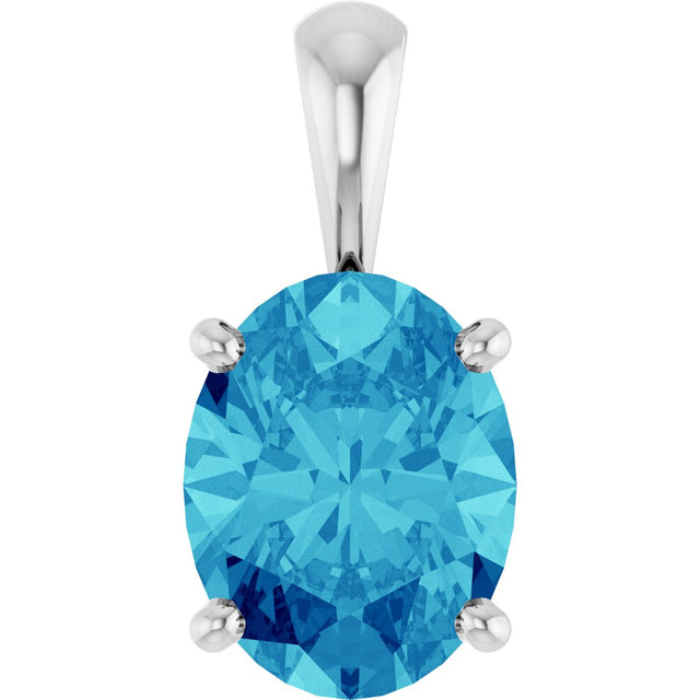 14K Gold Natural Blue Zircon Oval 4-Prong Solitaire Necklace or Pendant - White Gold