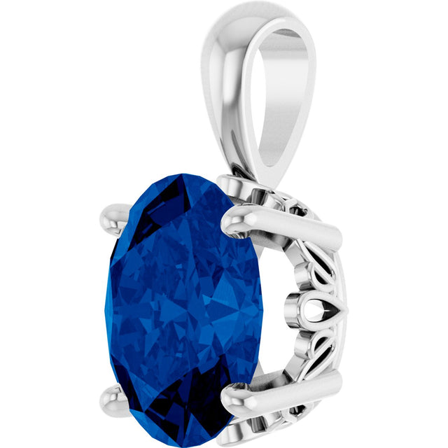 14K Gold Lab-Grown Blue Sapphire Oval 4-Prong Solitaire Necklace or Pendant - White Gold - view 2