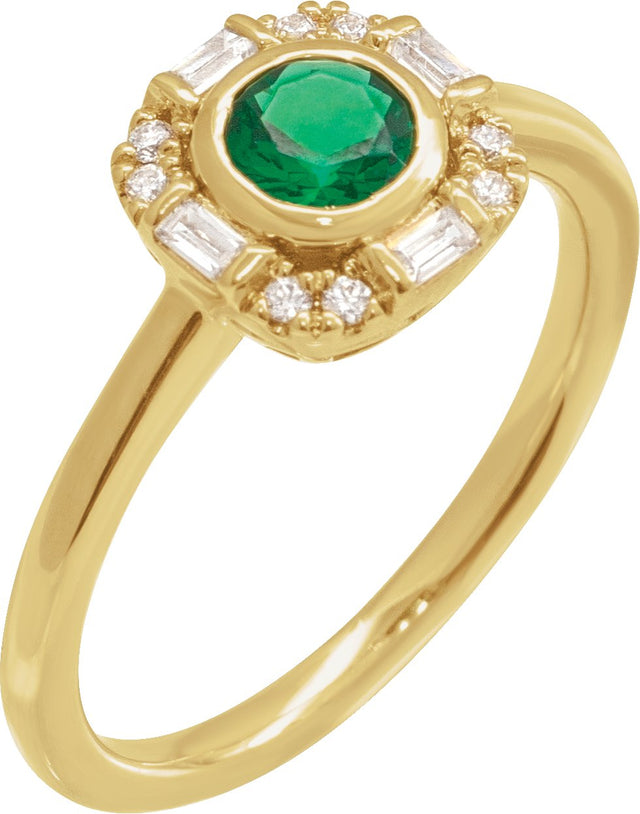 14K Gold Round Natural Emerald & Natural Diamond Halo-Style Ring - Yellow Gold
