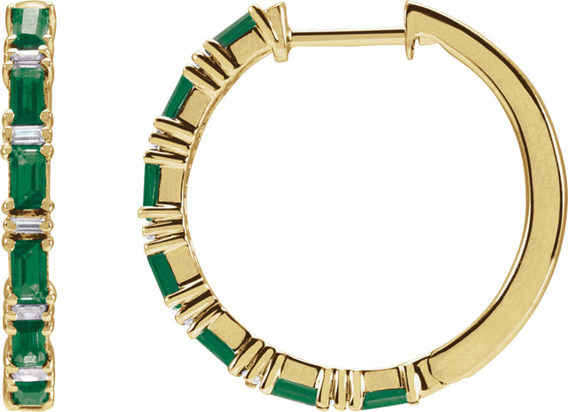 14K Gold Straight Baguette Natural Emerald & Natural Diamond Accented Hoop Earrings - Yellow Gold