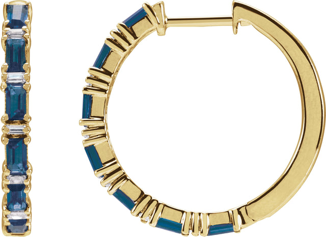 14K Gold Straight Baguette Natural Blue Sapphire & Natural Diamond Accented Hoop Earrings - Yellow Gold
