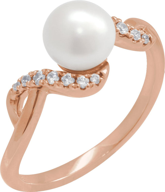 14K Gold Cultured White Freshwater Pearl & Natural Diamond Accented Pearl Ring – 6.5mm Stones - Rose Gold