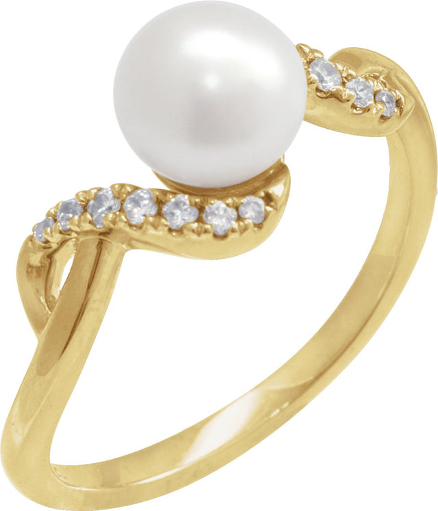 14K Gold Cultured White Freshwater Pearl & Natural Diamond Accented Pearl Ring – 6.5mm Stones - Yellow Gold