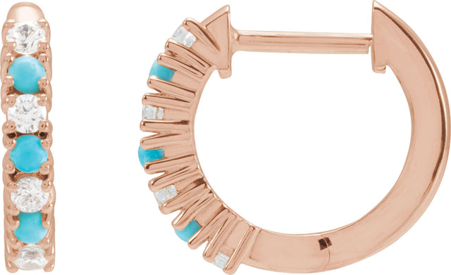 14K Gold Round Natural Turquoise & Natural Diamond Accented Hoop Earrings - Rose Gold