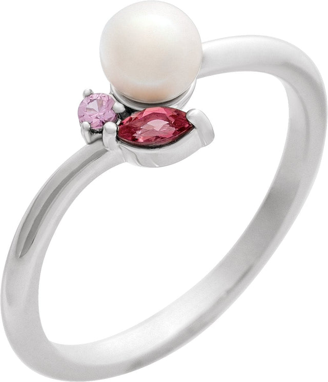 14K Gold Cultured White Akoya Pearl & Natural Pink Tourmaline & Natural Pink Sapphire Accented Pearl Ring - White Gold