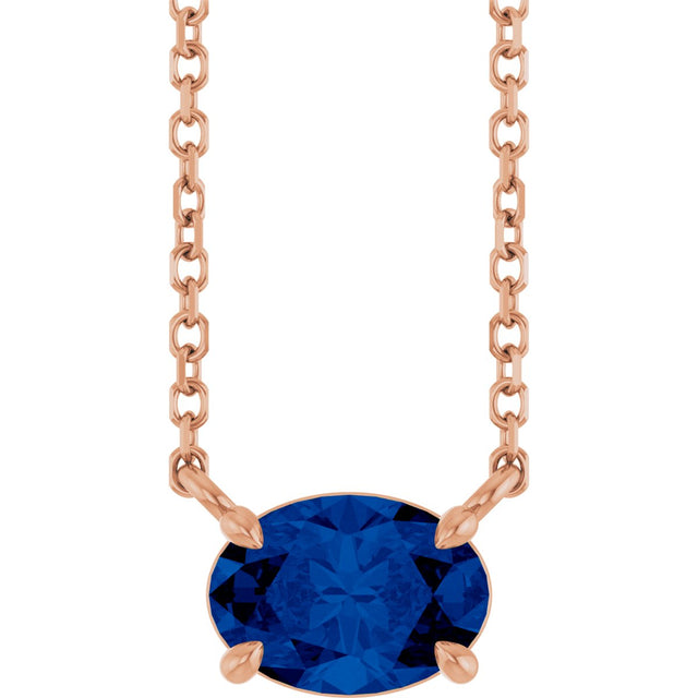 14K Gold Oval Natural Blue Sapphire Solitaire Necklace - Rose Gold