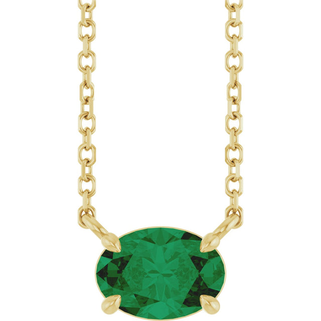 14K Gold Oval Lab-Grown Emerald Solitaire Necklace - Yellow Gold