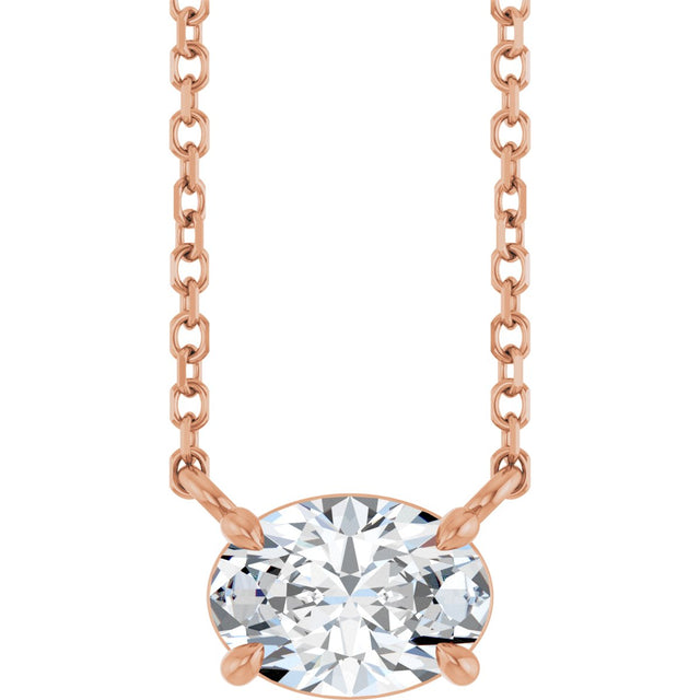 14K Gold Oval Natural White Sapphire Solitaire Necklace - Rose Gold