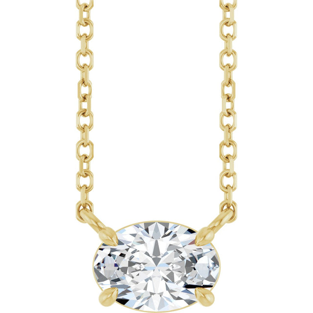14K Gold Oval Natural White Sapphire Solitaire Necklace - Yellow Gold
