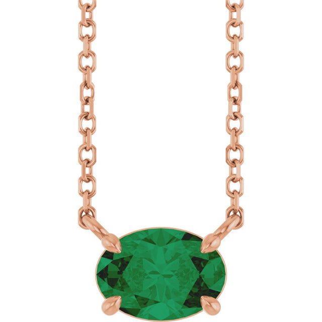 14K Gold Oval Lab-Grown Emerald Solitaire Necklace - Rose Gold