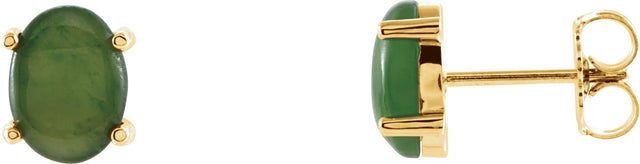 14K Gold Natural Nephrite Jade Oval 4-Prong Cabochon Earrings