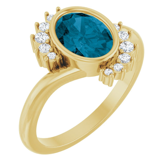14K Gold Oval Natural London Blue Topaz & Natural Diamond Accented Ring - Yellow Gold