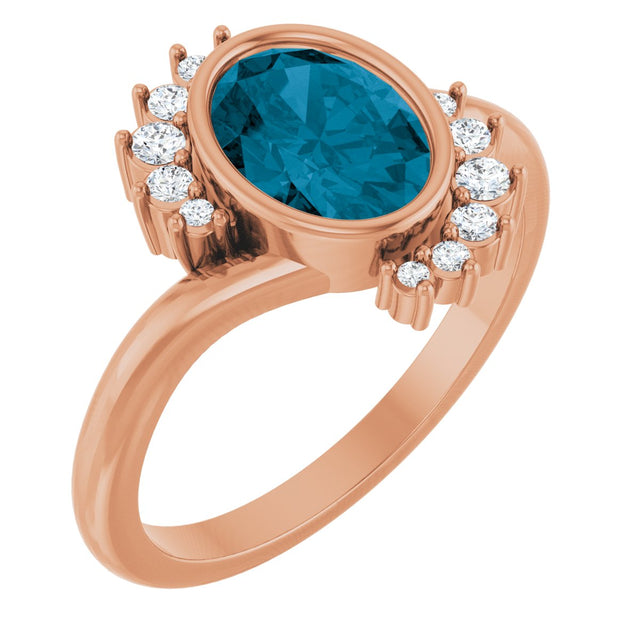 14K Gold Oval Natural London Blue Topaz & Natural Diamond Accented Ring - Rose Gold
