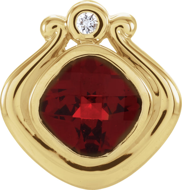 14K Gold Cushion Natural Mozambique Garnet & Natural Diamond Accented Bezel-Set Pendant – 0.03 CTW