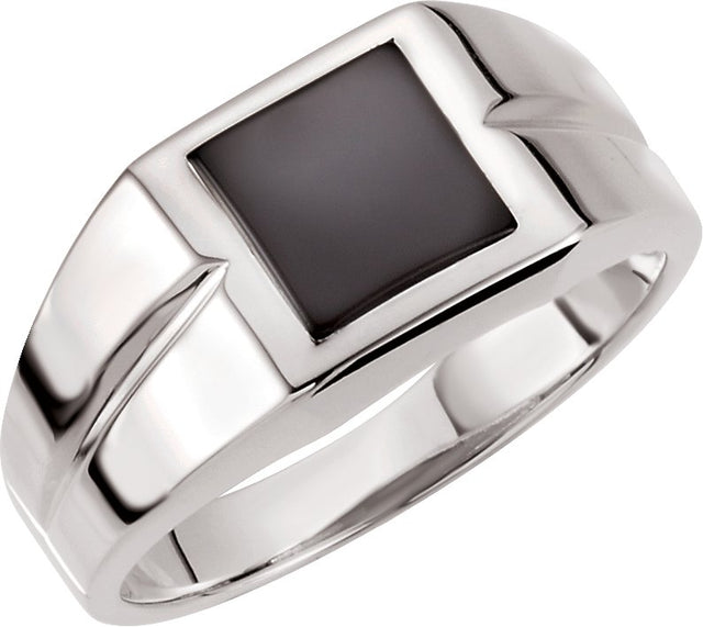 10K Gold Square Natural Black Onyx Bezel-Set Cabochon Ring - White Gold