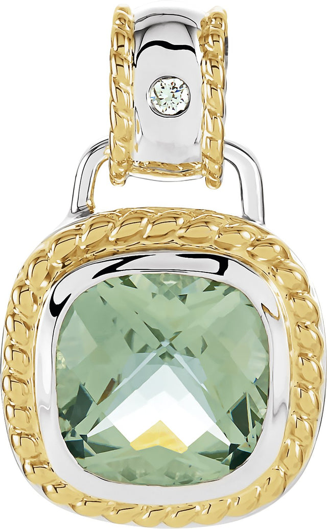 14K Gold Cushion Natural Green Quartz & Natural Diamond Accented Necklace