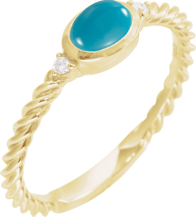 14K Gold Oval Natural Turquoise & Natural Diamond Accented Cabochon Ring – 6x4mm - Yellow Gold