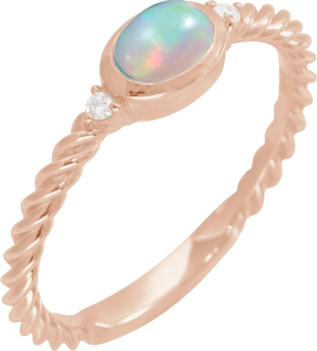 14K Gold Oval Natural Ethiopian Opal & Natural Diamond Accented Cabochon Ring – 6x4mm - Rose Gold