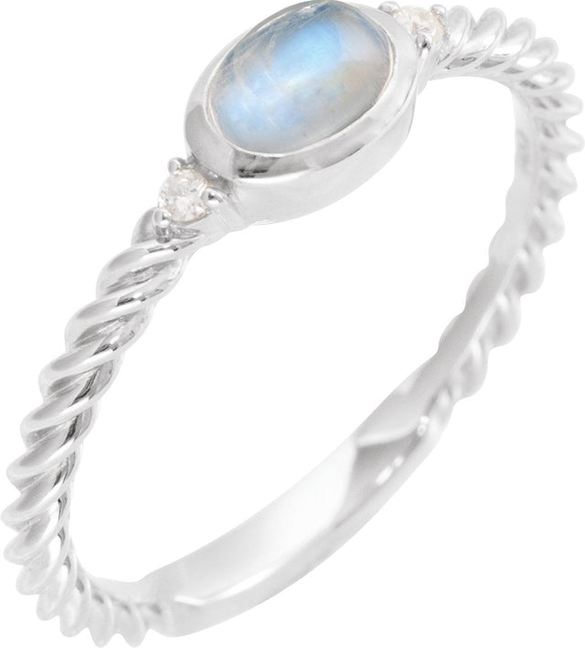 14K Gold Oval Natural Rainbow Moonstone & Natural Diamond Accented Cabochon Ring - White Gold