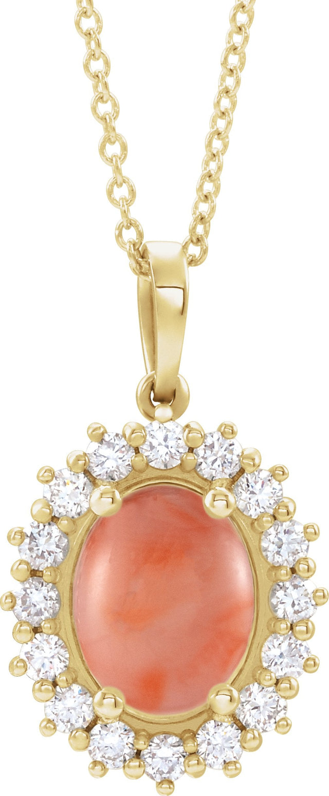 14K Gold Oval Natural Pink Coral & Natural Diamond Halo-Style Necklace or Pendant - Yellow Gold