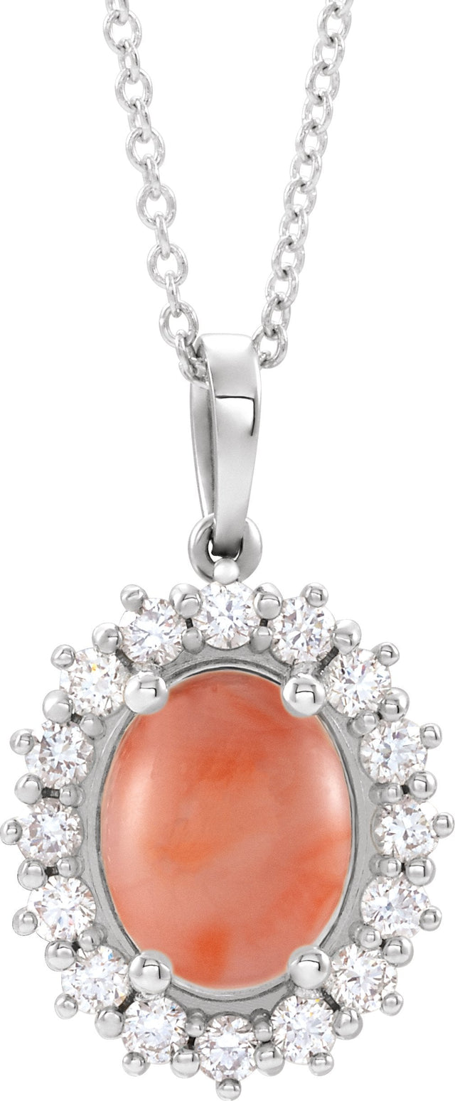 Platinum Oval Natural Pink Coral & Natural Diamond Halo-Style Necklace or Pendant
