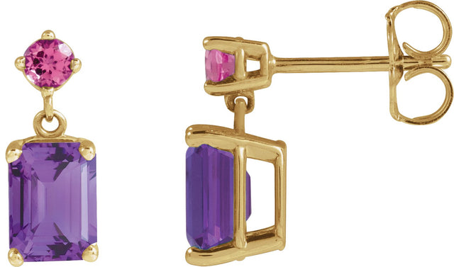 14K Gold Emerald Natural Amethyst & Natural Pink Tourmaline Accented Earrings - Yellow Gold