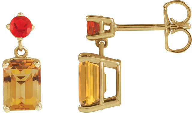 14K Gold Emerald Natural Citrine & Natural Mexican Fire Opal Accented Earrings - Yellow Gold