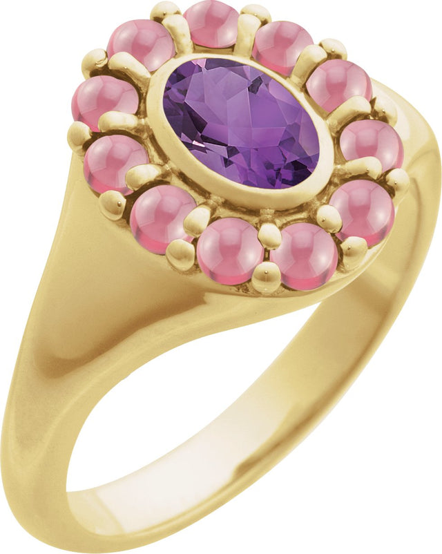 14K Gold Oval Natural Amethyst & Natural Rhodolite Garnet Halo-Style Ring - Yellow Gold