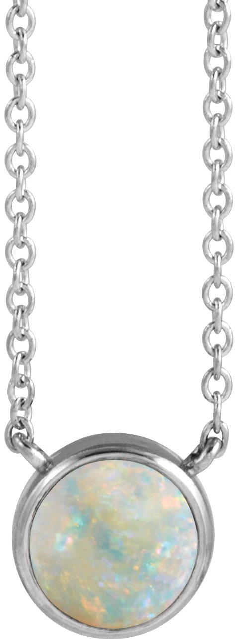 Platinum Round Natural White Opal Cabochon Solitaire Necklace