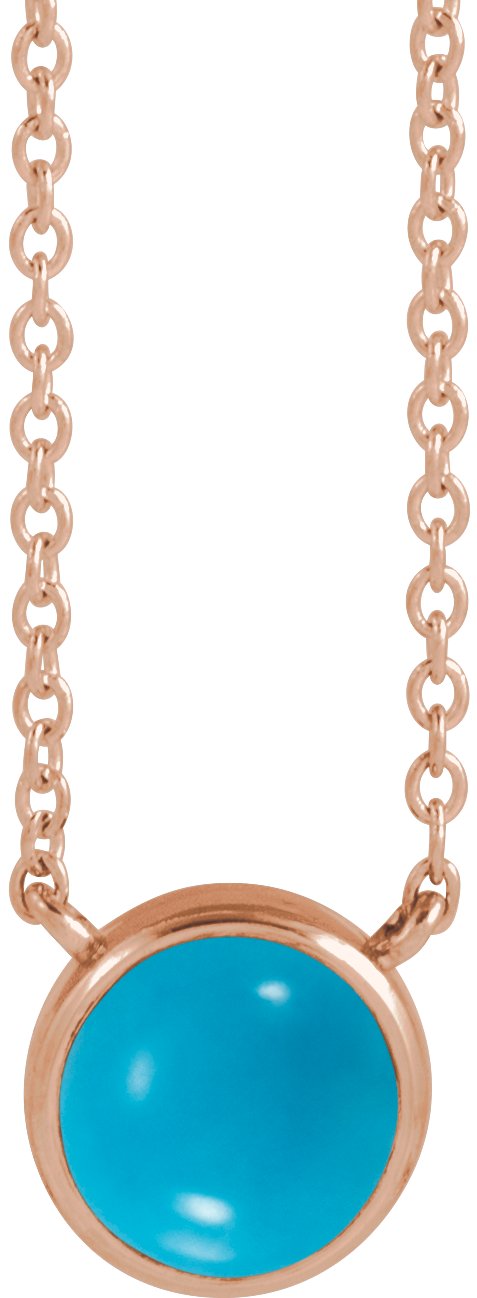 14K Gold Round Natural Turquoise Cabochon Solitaire Necklace - Rose Gold