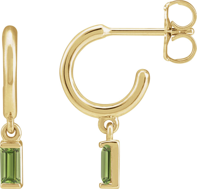 14K Gold Straight Baguette Natural Peridot Accented Hoop Earrings – 4x2mm - Yellow Gold