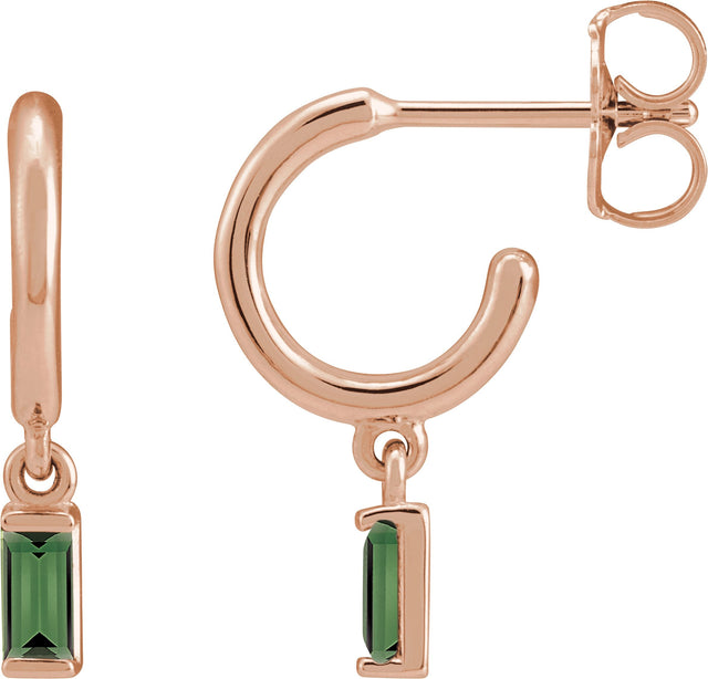 14K Gold Straight Baguette Natural Green Tourmaline Accented Hoop Earrings - Rose Gold