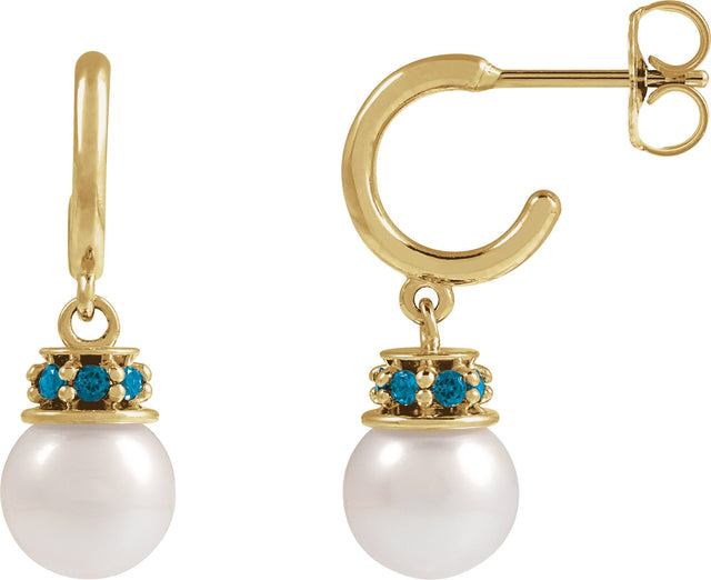 14K Gold Cultured White Freshwater Pearl & Natural London Blue Topaz Pearl Hoop Earrings – 7mm Stones - Yellow Gold