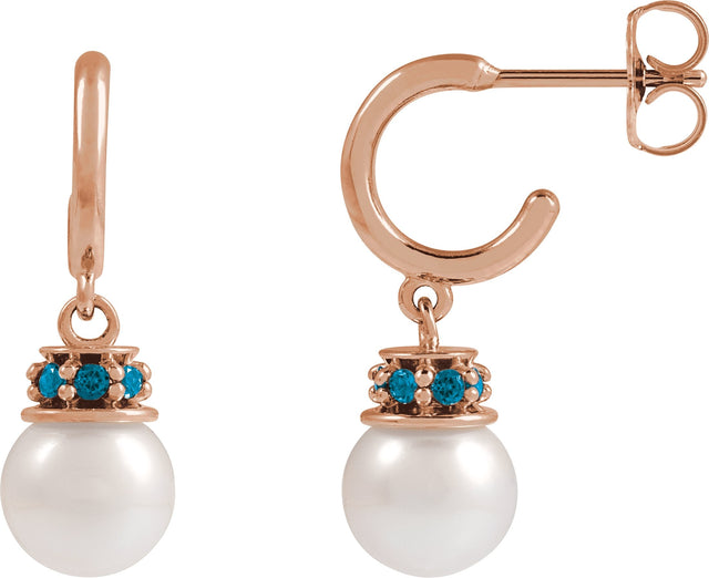 14K Gold Cultured White Freshwater Pearl & Natural London Blue Topaz Pearl Hoop Earrings – 7mm Stones - Rose Gold