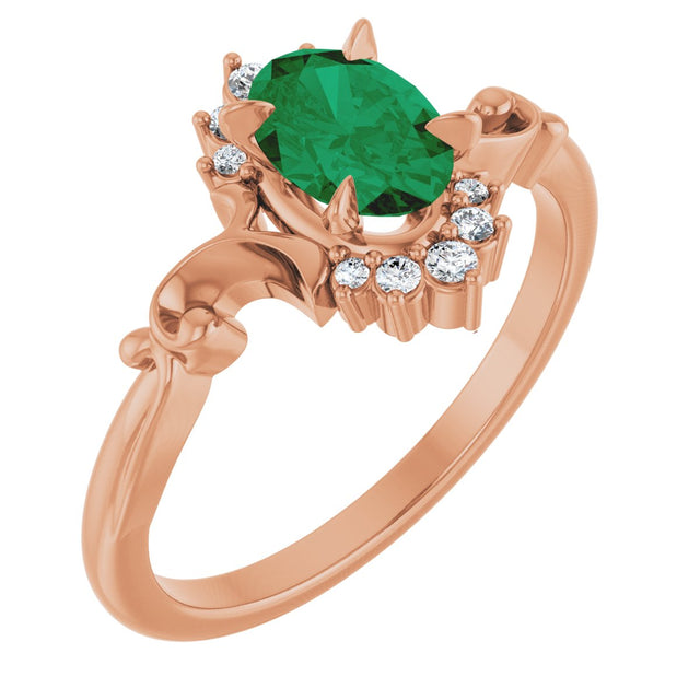 14K Gold Oval Lab-Grown Emerald & Natural Diamond Accented Ring – 7x5mm - Rose Gold