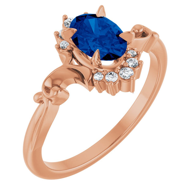 14K Gold Oval Lab-Grown Blue Sapphire & Natural Diamond Accented Ring – 7mm Stones - Rose Gold