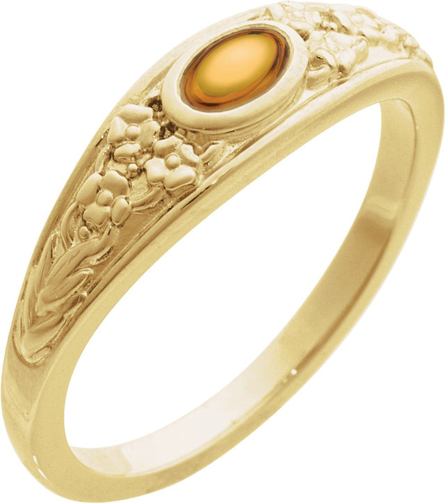 14K Gold Oval Natural Citrine Floral Cabochon Ring - Yellow Gold