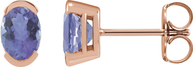 14K Gold Oval Natural Tanzanite Half-Bezel Solitaire Stud Earrings - Rose Gold