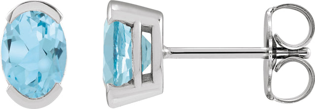 14K Gold Oval Natural Sky Blue Topaz Half-Bezel Solitaire Stud Earrings - White Gold