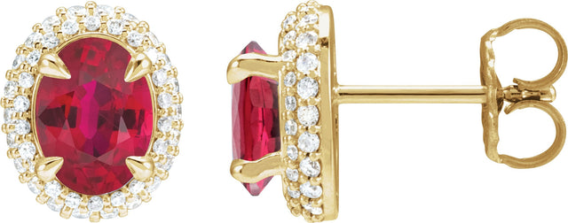 14K Gold Lab-Grown Ruby & Lab-Grown Diamond Oval 4-Claw Prong Pre-Notched Halo-Style Earrings - Yellow Gold