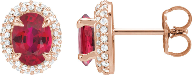 14K Gold Lab-Grown Ruby & Lab-Grown Diamond Oval 4-Claw Prong Pre-Notched Halo-Style Earrings - Rose Gold