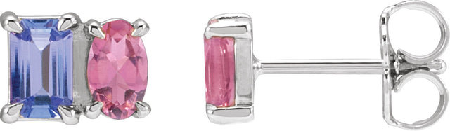 Platinum Emerald Natural Tanzanite & Natural Pink Tourmaline Two-Stone Stud Earrings